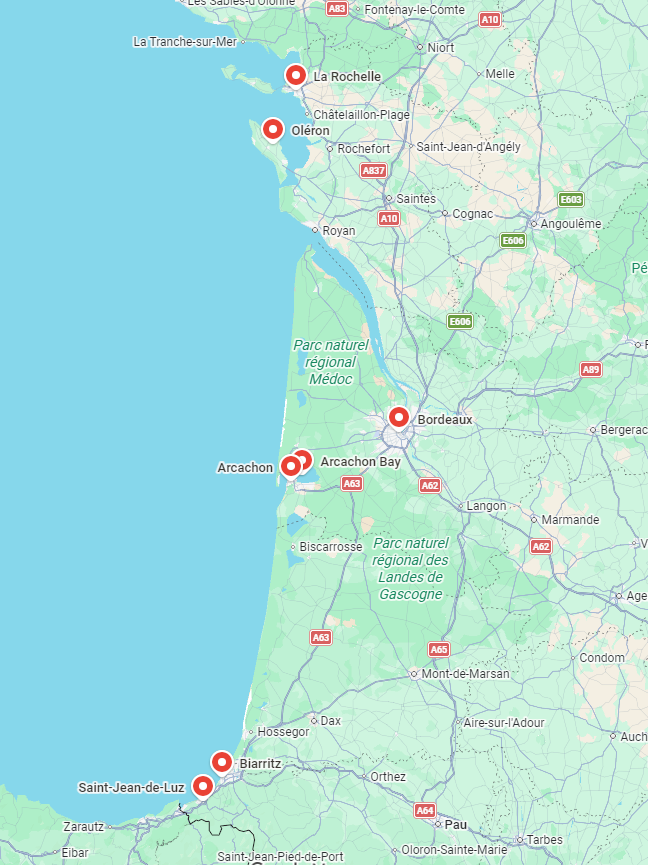 Kartenausschnitt Französische Atlantikküste - von La Rochelle bis kurz hinter Biarritz